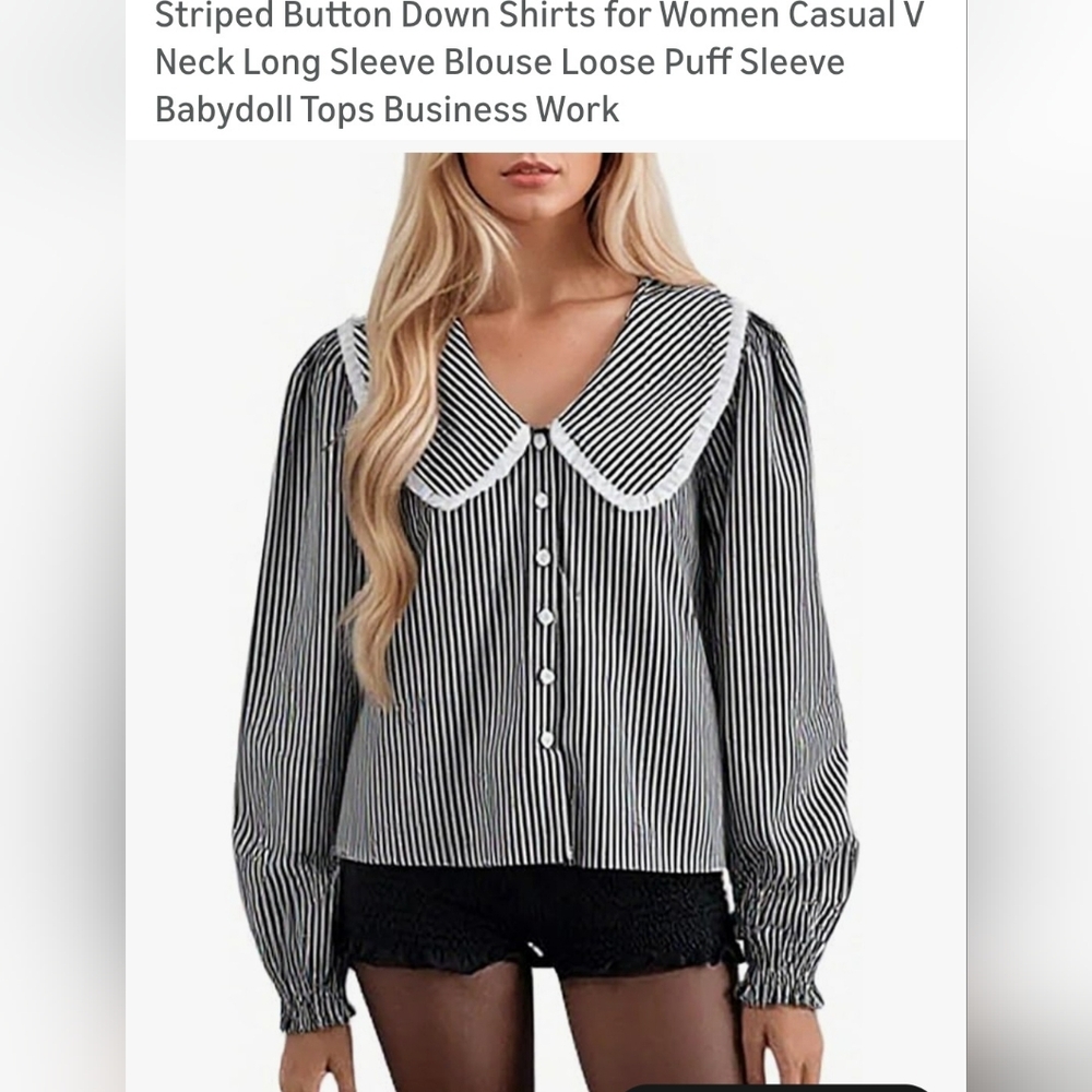 Striped Black/Grey & White Puff Sleeve Button-Down Top. W-61